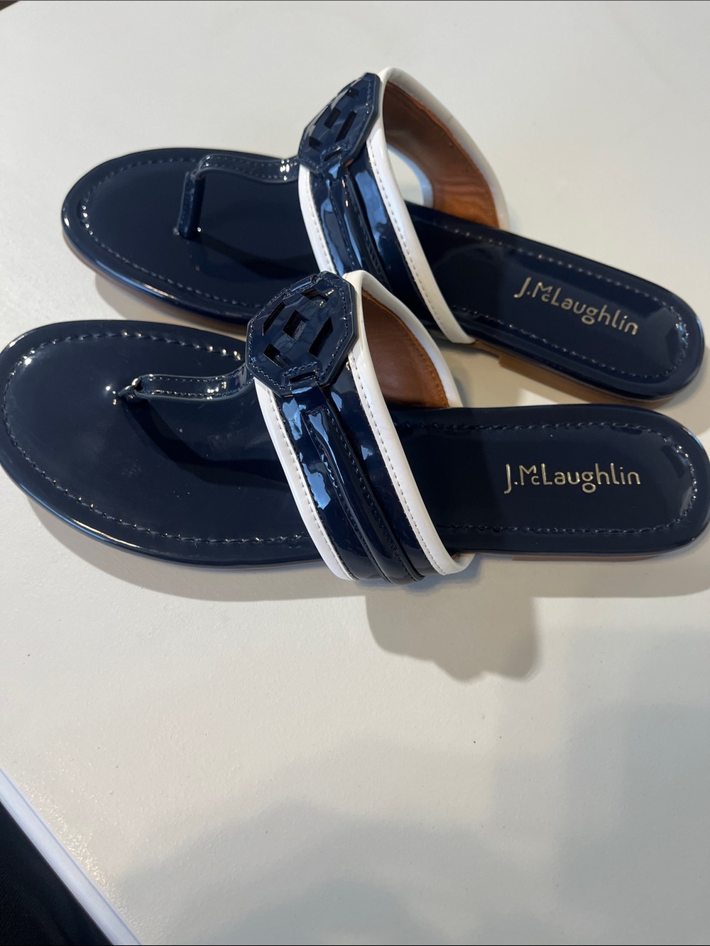 J. McLaughlin Navy Patent Leather Thong Sandals with White Trim - Picture 9 of 13